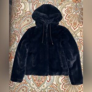 Rachel Zoe Navy Faux Fur Hooded Jacket, Size XS